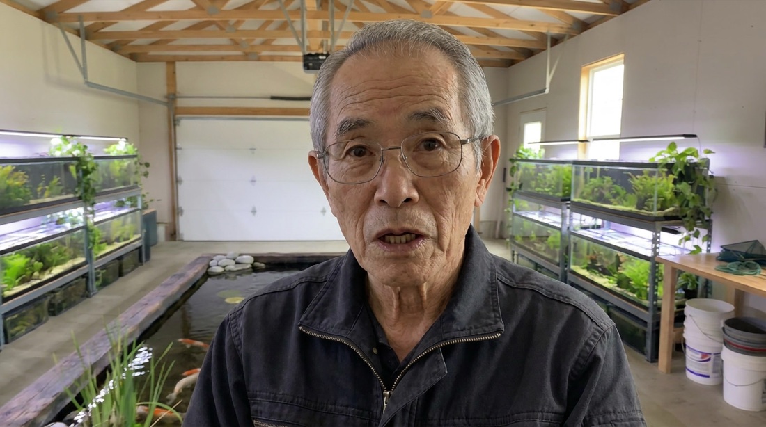 Isamu Yoshida standing between his freshwater aquariums